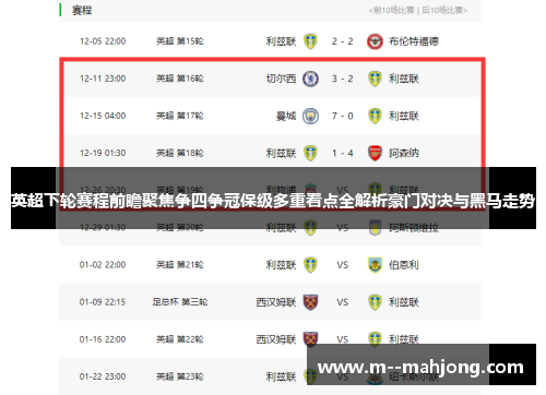 英超下轮赛程前瞻聚焦争四争冠保级多重看点全解析豪门对决与黑马走势 英超下轮赛程前瞻聚焦争四争冠保级多重看点全解析豪门对决与黑马走势